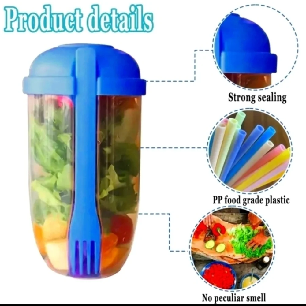 Fresh Salad to Go Container‎ Set with Fork and Dressing Holder, Blue (10…